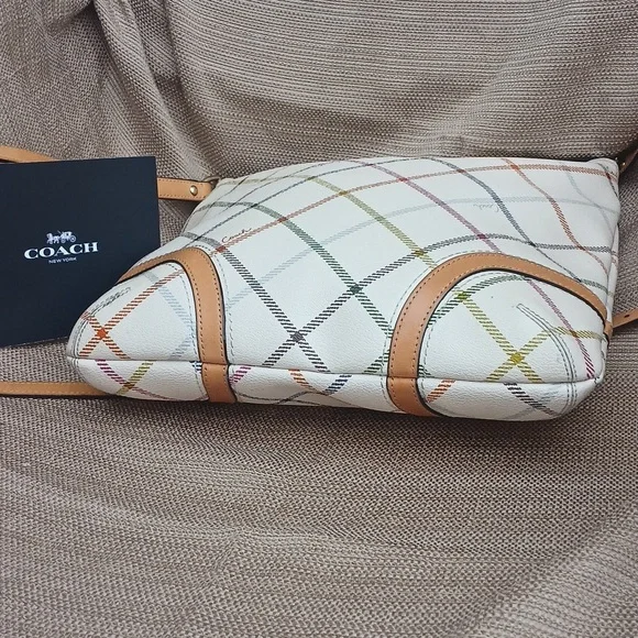Coach Multi Color Plaid Tattersall Larger Crossbody Bag with Tan Leather Accents - Picture 6 of 17